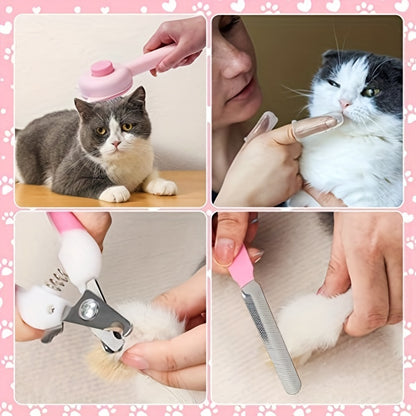 Kit de Higiene Felina 5 em 1 com 8 peças, incluindo escova autolimpante, corta-unhas, pente, escova para remoção de pelos mortos e escova de dentes - Mantenha o seu felino limpo, saudável e feliz.