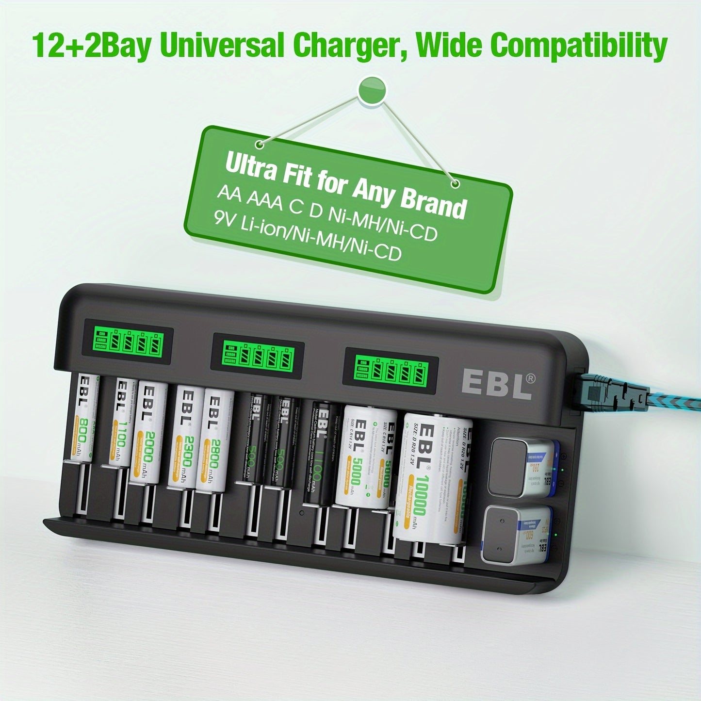 EBL 12+2 Bay LCD Rechargeable Battery Charger For AA AAA C D Ni-MH Ni-CD Rechargeable Batteries & 9V NiMH Ni-CD Li-ion Rechargeable Batteries
