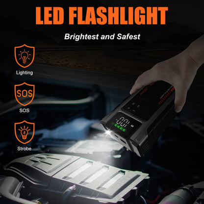 12000mAh Jump Starter Power Pack, 6000A Car Battery Booster 12V Jump Starter with 150PSI Tire Inflator Portable Air Compressor, with LCD Display, Jump Starter Power Bank (7.5L Gas/6L Diesel), LED Light, Vehicle Maintenance To
