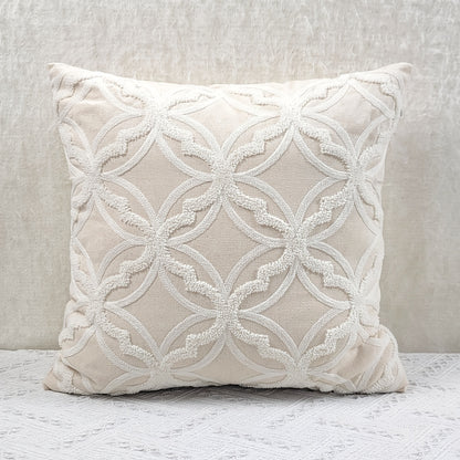 1pc Geometric Pattern Towel Embroidery Cushion Cover, Beige Base Fabric with White Embroidery