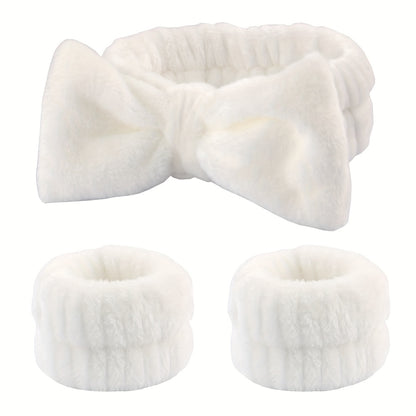1pc/3pcs Cute Bow Hair Band And Wristband Set, Women Spa Headband For Washing Face, Makeup Hair Band, Skincare Headbands