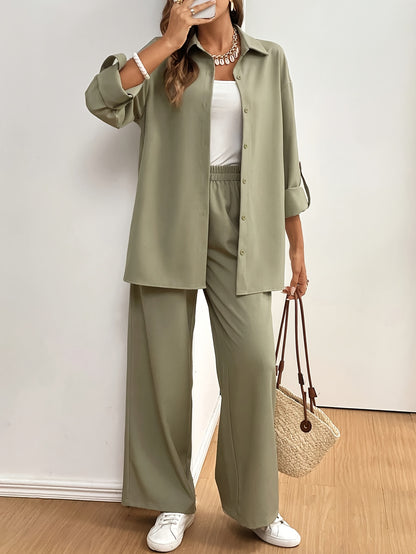 Autumn Top + Pants Set: Women's Solid Color Button-Up Shirt and Wide-Leg Flare Pants, Long Sleeve Outfit for Work Casual Wear