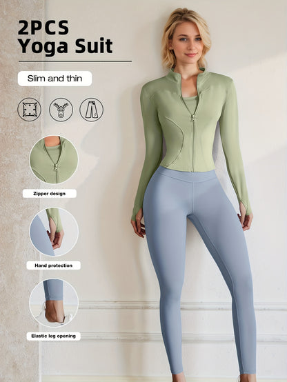 European Code Polyester Fabric Gym Running Clothes Long Sleeve Sports Jacket Cycling and Hiking Tightening Buttocks Pants Fitness Suit