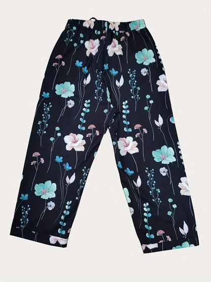 Floral Print Drawstring Straight Leg Pants, Casual Dual Pockets Pants For All Season, Women's Clothing
