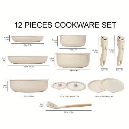 Kpxsiaion Ceramic Coating Nonstick Cookware Set 12pcs with Detachable Handle, Induction Dishwasher Oven Safe Pans and Pots Set, Home Cooking Essentials, Kitchen Cookware, Stylish Pots And Pans, Contemporary Cookware, Highqual