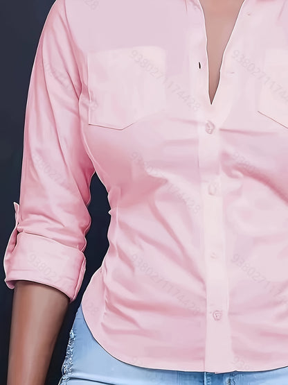 Solid Color Button Front Shirt, Casual Long Sleeve Pocket Shirt For Spring & Fall, Women's Clothing