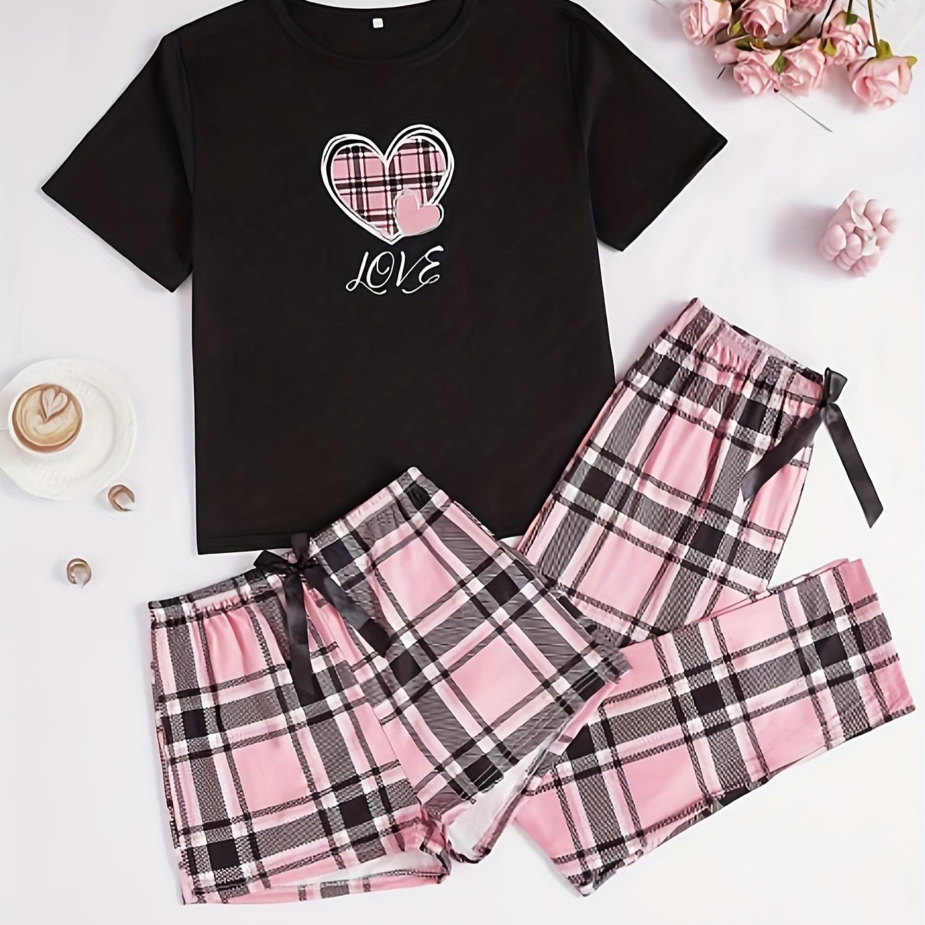 3pcs Casual Women'S Pink Heart Plaid Pajama Set with Round Neck And Plaid Pattern for Adults in Polyester