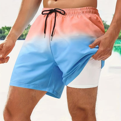 Men's Gradient Beach Shorts - Quick-Dry, Drawstring Waist, Pockets, Polyester, Ideal for Summer Activities & Casual Wear, Casual Summer Shorts|Summer Fashion Shorts|Lightweight Shorts