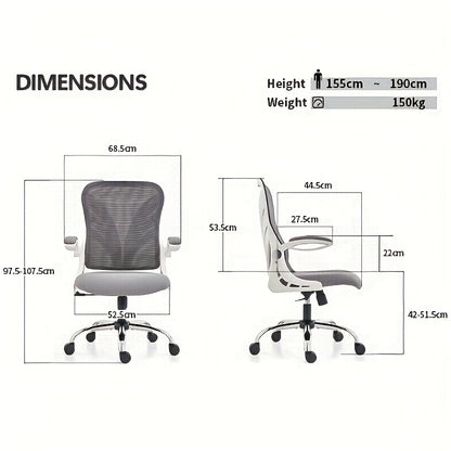 Ergonomic Office Chair with Foldable Space-Saving Design, Breathable Mesh Back & Adjustable Lumbar Support, Flip-Up Armrests, Height-Adjustable - Heavy-Duty Plastic Frame, Foam Padding, White/Black Color Options - Ideal for H