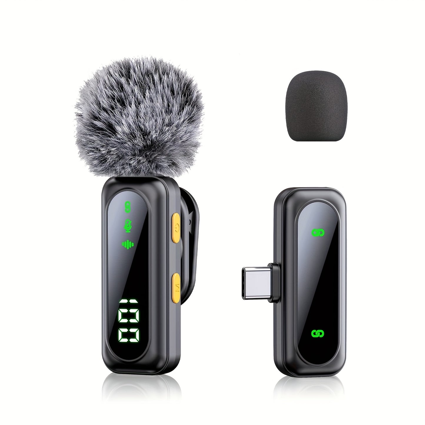 HITOZON Professional Wireless Lavalier Microphone with LED Power Display, Plug & Play, USB-C, Rechargeable Battery, Ideal for Content Creators, Live Streaming, Podcasting - Sleek Black Design with Fluffy Pom-Pom, Wireless Mic