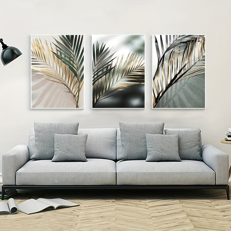3pcs Nordic Botanical Wall Art - Golden Palm Leaf Plant Canvas Painting - Scandinavian Decoration - Home Decor - No Frame