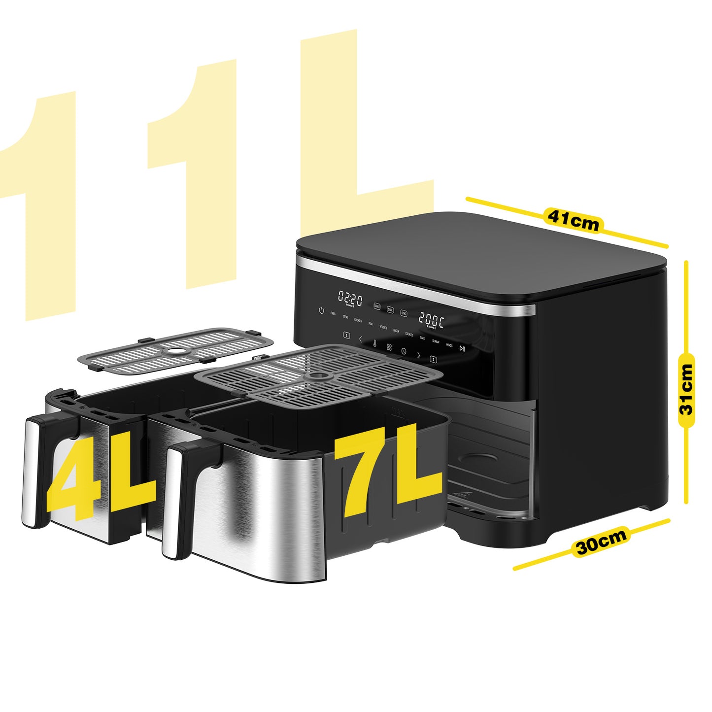 Iceagle XXL Hot Air Fryer, 2600W, 11L Dual-Zone Air Fryer with 2 Independent Chambers, 2-Sized Baskets, 10 Preset Programs, Timer, Digital Control Panel, and Recipe Guide