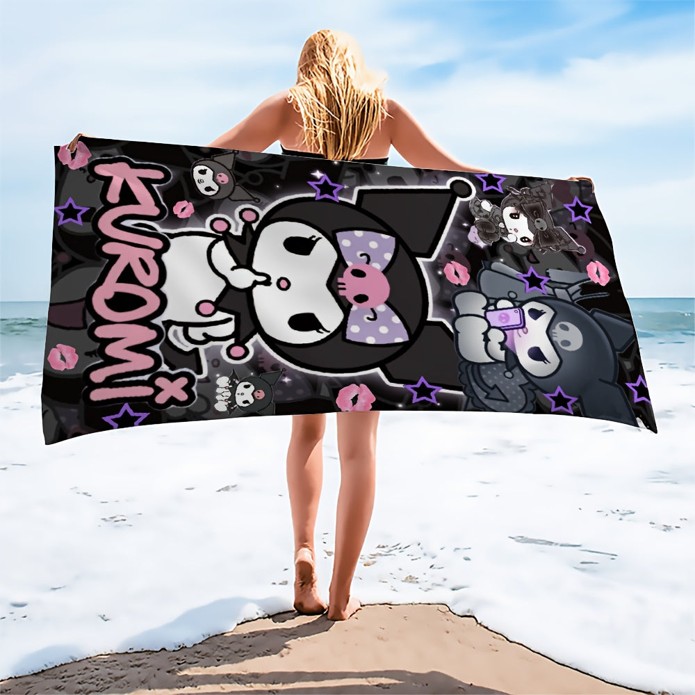1pc Kuromi Microfiber Beach Towel - Quick-Dry, Absorbent, Oversized Bath Towel with Fun Cartoon Design, Black Background with Pink Accents, Perfect for Beach, Pool, or Spa Days