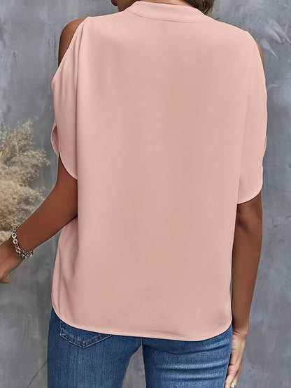 Solid Notched Neck Simple Blouse, Elegant Split Sleeve Blouse For Spring & Summer, Women's Clothing