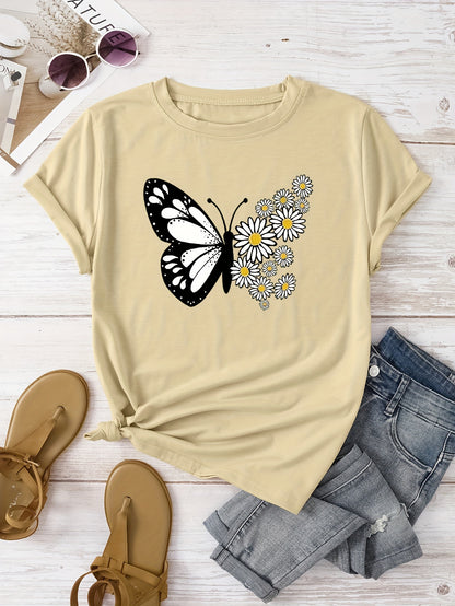 Women's Casual Butterfly & Daisy Floral Print Round Neck T-Shirt - Olive Green, Machine Washable, Regular Fit for Casual Attire, Allseason Fashion, Relaxed Style, Nontransparent Fabric