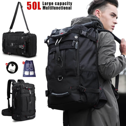 50L Large Capacity Convertible Backpack for Men - Black, Multi-Functional Hiking & Travel Bag with Laptop Compartment, Adjustable Straps, Durable Polyester Lining, Ideal for Outdoor Adventures, Sports, and Everyday Use, Trave