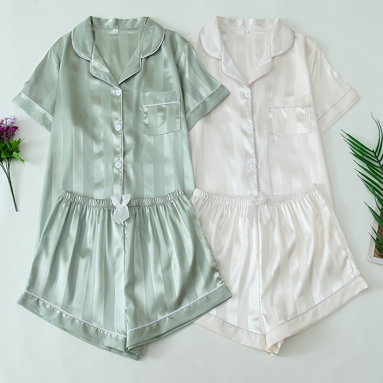 2 Sets Women's Striped Satin Casual Pajama Set, Short Sleeve Buttons Lapel Top & Shorts, Comfortable Relaxed Fit