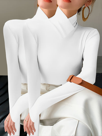 Solid Color Slim Fit Long Sleeve High Neck Pullover T-Shirt Two-Piece Set