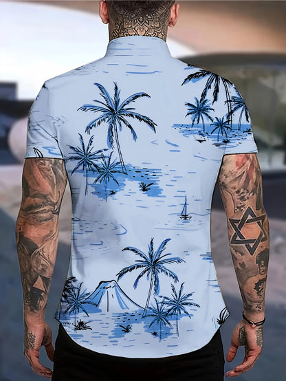 Camisa de homem de manga curta com estampado de coqueiros, ideal para o dia a dia em resorts e para a praia.
