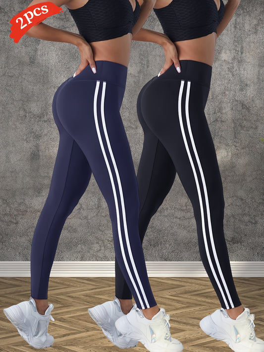 2pcs Women'S High-Waisted Yoga Pants - Side Stripe, Outdoor Sports Tights, Butt-Lifting Tummy Control Leggings, Comfortable Breathable Wide Waistband
