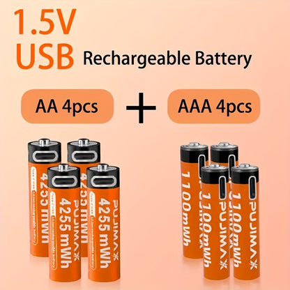 Pacote combinado de pilhas de lítio recarregáveis ​​​​PUJIMAX AA4255mWh + AAA1100mAh, 1,5V, 2+2/4+4/8+8 unidades, compatíveis com 90% dos dispositivos eletrónicos, duráveis ​​e de longa duração, com baixo consumo de energia.