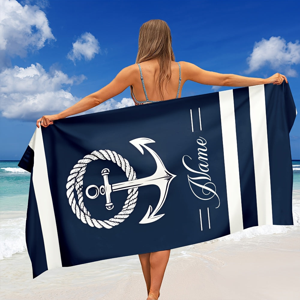 1pc Customizable Nautical Anchor Stripe Microfiber Beach Towel, Quick-Dry Soft Absorbent Knit Fabric, Machine Washable, Coastal Theme for Surfing Swimming Camping, 250gsm Polyester, Beach Essentials|Nautical Design|Quickdry M