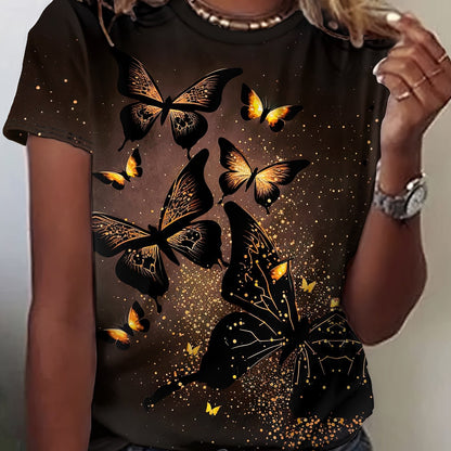 Butterfly Print T-shirt, Short Sleeve Crew Neck Casual Top For Summer & Spring, Women's Clothing