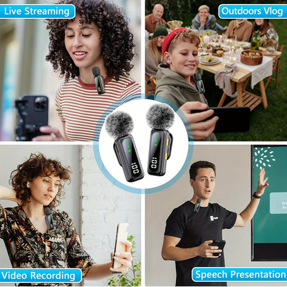 HITOZON Professional Wireless Lavalier Microphone with LED Power Display, Plug & Play, USB-C, Rechargeable Battery, Ideal for Content Creators, Live Streaming, Podcasting - Sleek Black Design with Fluffy Pom-Pom, Wireless Mic