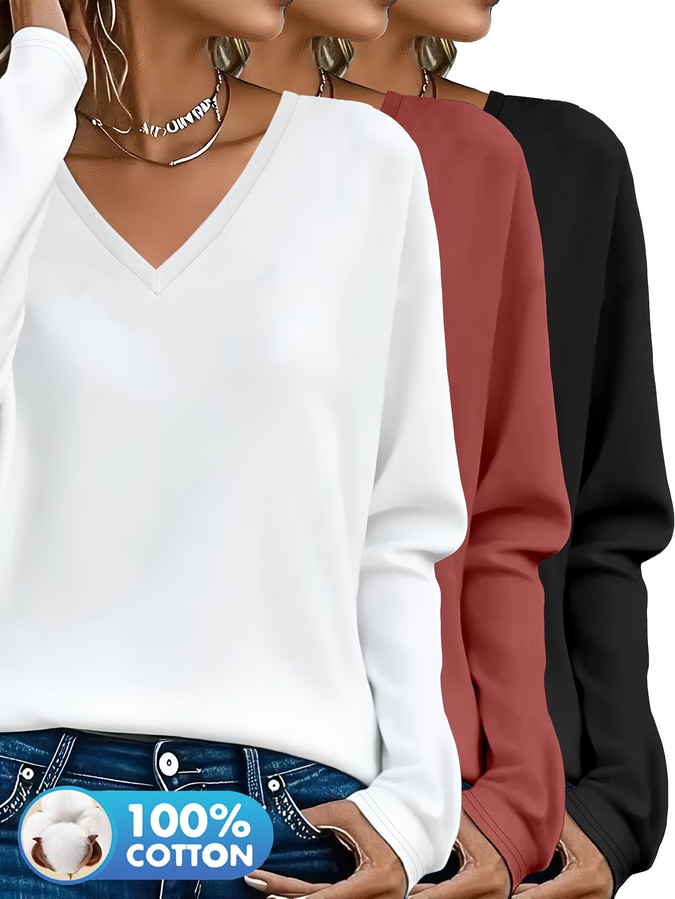 3pcs Women'S 100% V-Neck Long Sleeve T-Shirts - Soft, Durable, and Comfortable Casual Wear for All Seasons, Perfect for Holidays, Graduations, and Everyday Style, Everyday Comfort Wear | Minimalist Style | Soft Fabric Tee
