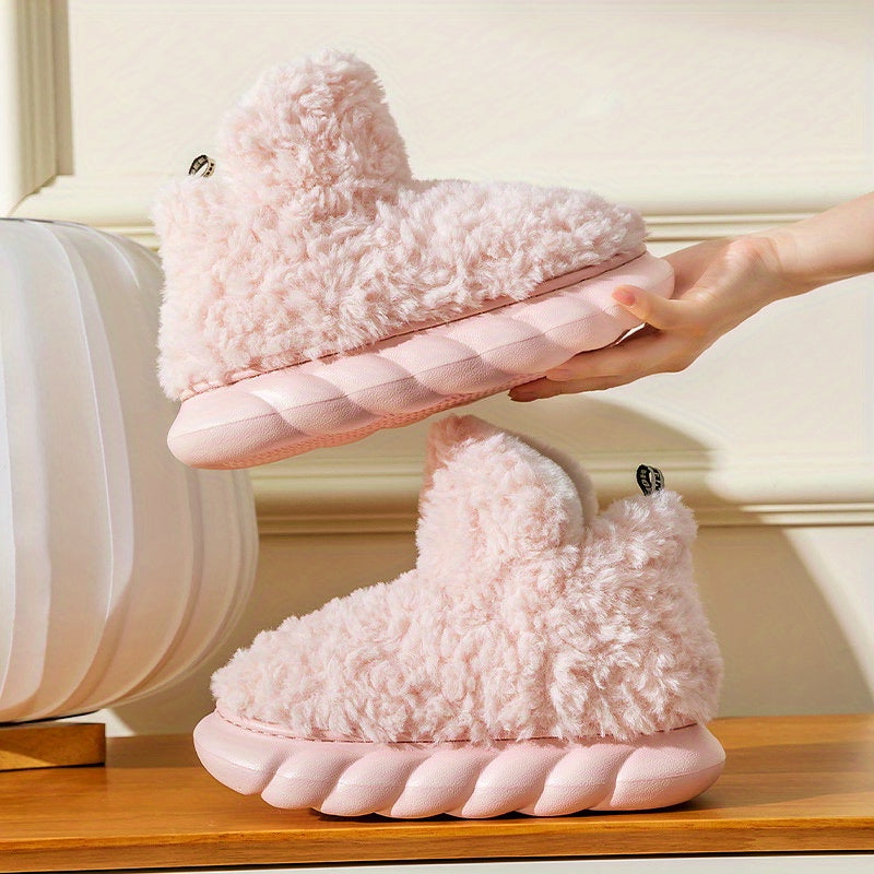 Women's Solid Color Fuzzy Slippers, High-top Round Toe Non-slip Thick Bottom Fluffy Warm Shoes, Winter Cozy Indoor Shoes