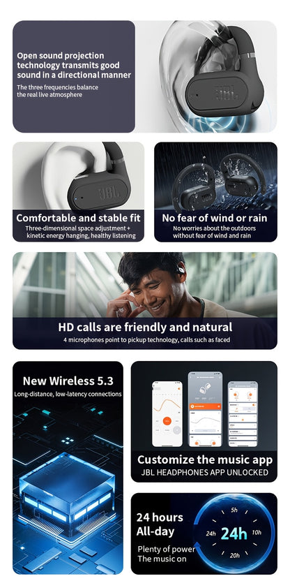 2024 New JBL Soundgear sense Open Wireless Earphones Bone Conduction Sports Running Headphones, Wireless Earbuds, HIFI Sound Quality, HD Calling, 1200mAh Rechargeable Battery, Wireless Connectivity