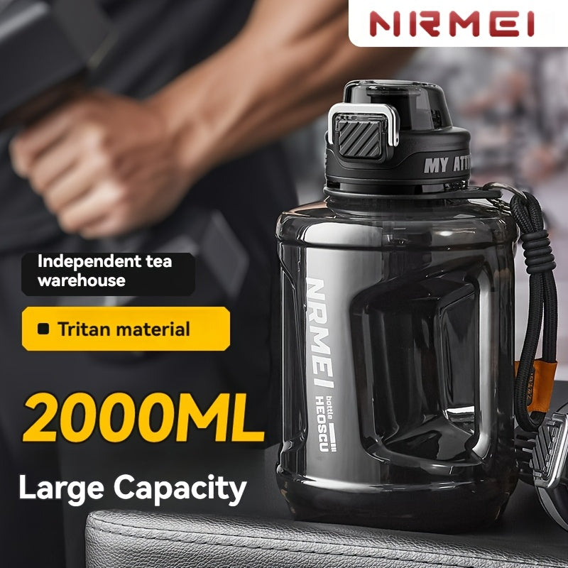 Garrafa de água NRMEI de 1,9 litros com marcador de tempo - Garrafa de hidratação de 1,9 litros livre de BPA, garrafa de água desportiva grande com palhinha e tampa, pega, adequada para campismo e ginásio.