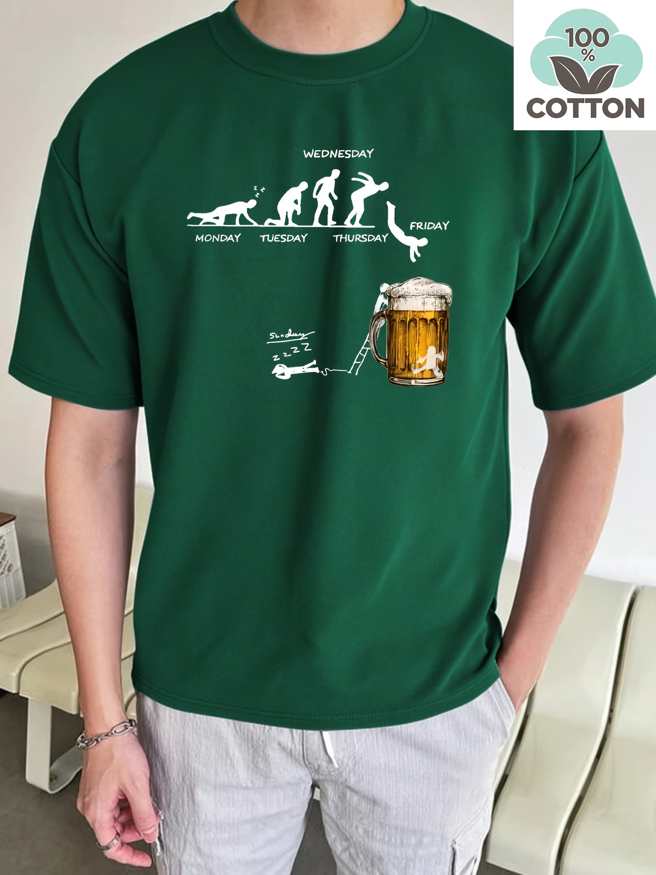 Men'S 100% Cotton Graphic T-Shirt - "Wednesday" Beer Mug Design, Casual Crew Neck, Short Sleeve, Regular Fit, 210g/㎡, Perfect for Barbecues & Parties, Party Tshirt | Playful Design | Durable Fabri