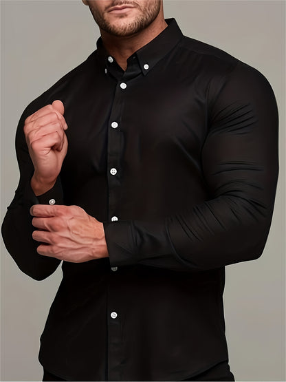 Solid Color Men's Slim Fit Stretch Quick-drying Long Sleeve Button Up Shirt, Spring Fall Workout Activity