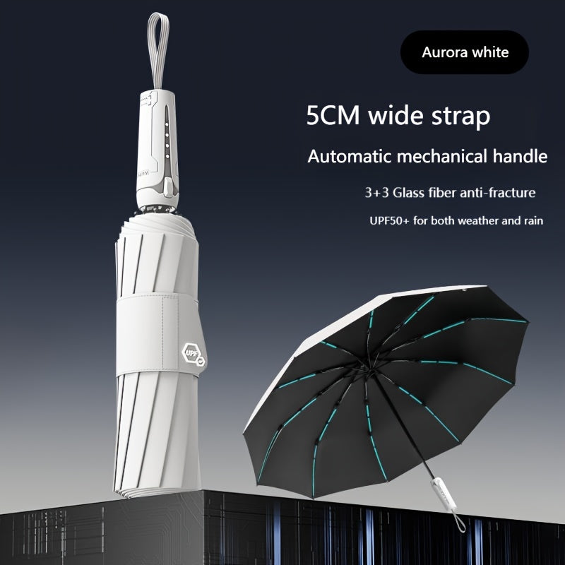 10 bone 3+3 glass fiber bone automatic folding umbrella, enlarged and thickened black rubber sunscreen coating, reinforced protective aluminum alloy skeleton, simple solid color design, unisex business sunshade dual-use umbre