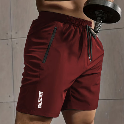 A Pair of Men'S Casual And Minimalist Style Comfortable Shorts, Featuring Letter Print Pockets And Drawstrings, Suitable for Summer Outdoor Fitness Wear, Quick-Drying Comfortable Shorts with Slightly Stretchy Elastic Waistban