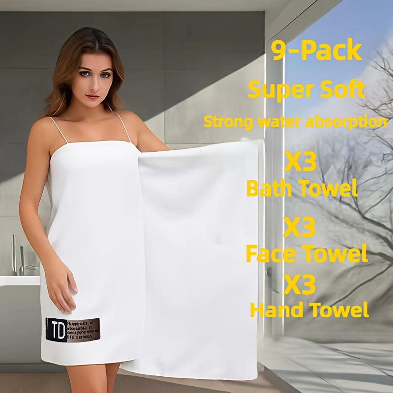 9pcs Large Size Three Colors Super Soft Super Absorbent Bath Towel Set, Blue, White, Gray Composition, Exquisite and Durable, Not Shedding, 5-Star Standard