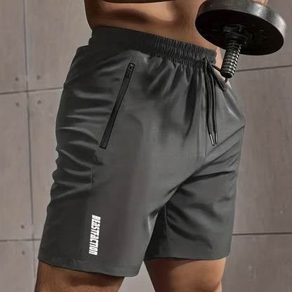 A Pair of Men'S Casual And Minimalist Style Comfortable Shorts, Featuring Letter Print Pockets And Drawstrings, Suitable for Summer Outdoor Fitness Wear, Quick-Drying Comfortable Shorts with Slightly Stretchy Elastic Waistban