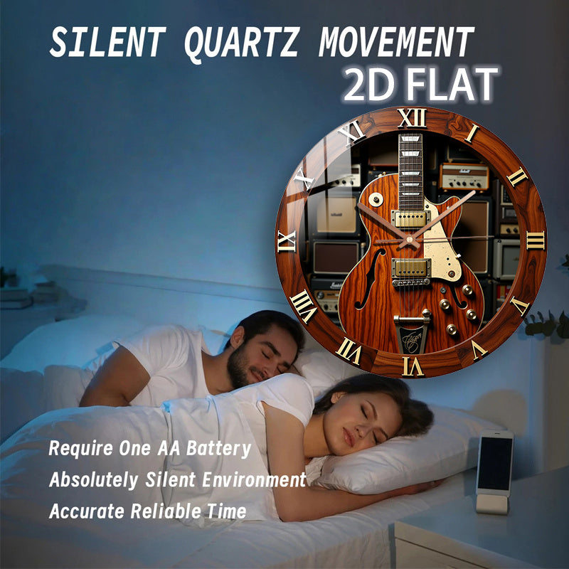 12-Inch Silent Quartz Wall Clock with Electric Guitar Design – Brown Wood Texture, Metal Components, Battery Operated (AA Not Included) – Perfect for Bedroom, Kitchen, Study, or Garage Decor, Clock Wall Decor