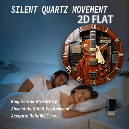 12-Inch Silent Quartz Wall Clock with Electric Guitar Design – Brown Wood Texture, Metal Components, Battery Operated (AA Not Included) – Perfect for Bedroom, Kitchen, Study, or Garage Decor, Clock Wall Decor