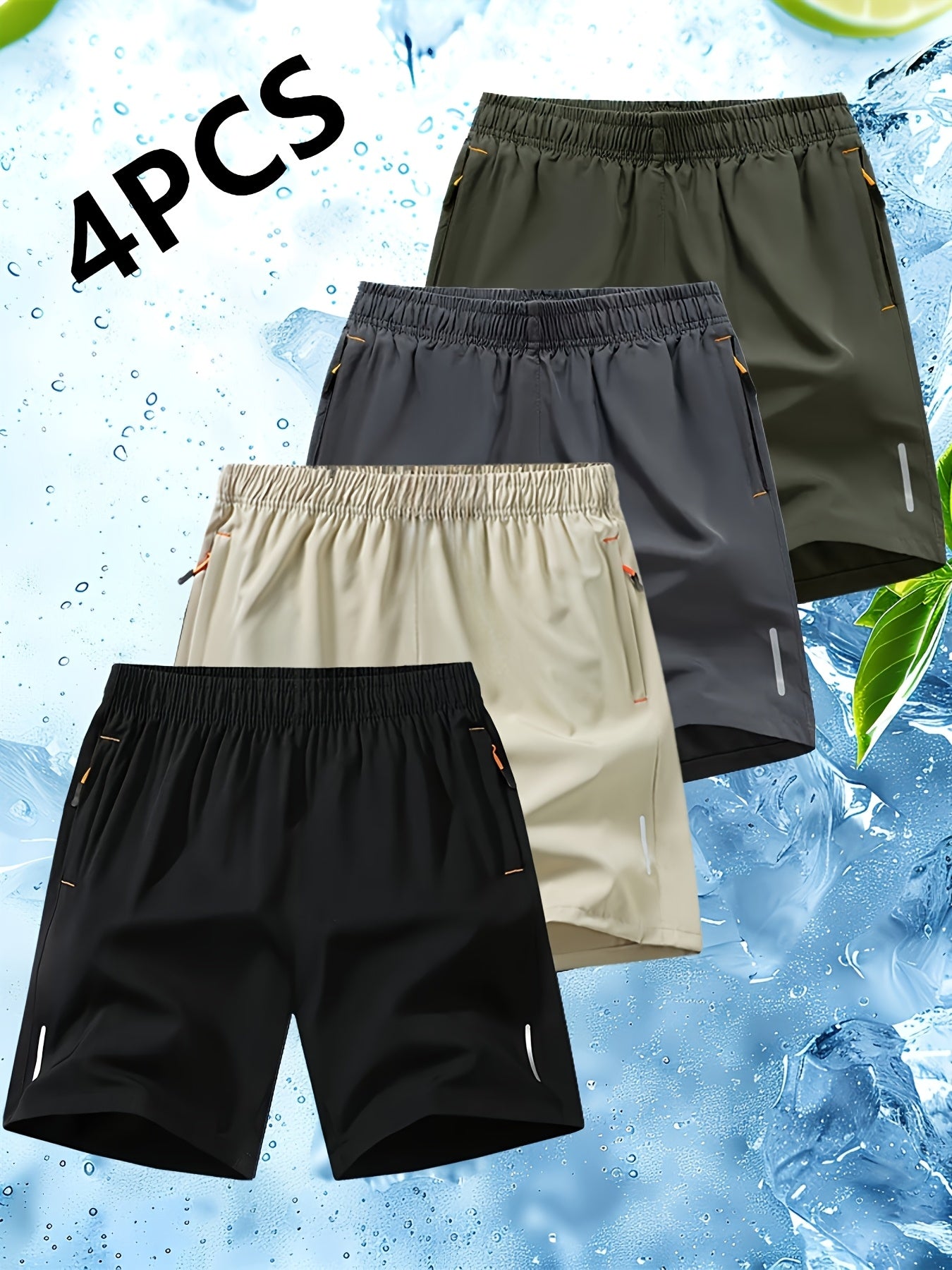 Conjunto de 4 calções desportivos para homem com riscas refletoras - Calções respiráveis ​​de secagem rápida para treinos de verão com bolsos, bege, azul marinho e preto. Calções para ténis e ginásio, design desportivo, tecido de secagem rápida.