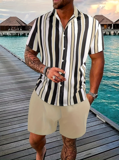 2pcs Men's Stripe Pattern Color Block Short Sleeve Button Shirt & Loose Shorts, Men's Casual Outfit For Summer Vacation