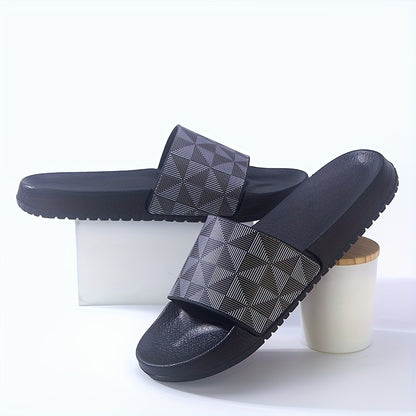 Sandálias de verão tipo slide para homem - Chinelos casuais antiderrapantes com sola macia e estampado geométrico, preto e cinzento, confortáveis ​​para uso interior e exterior.