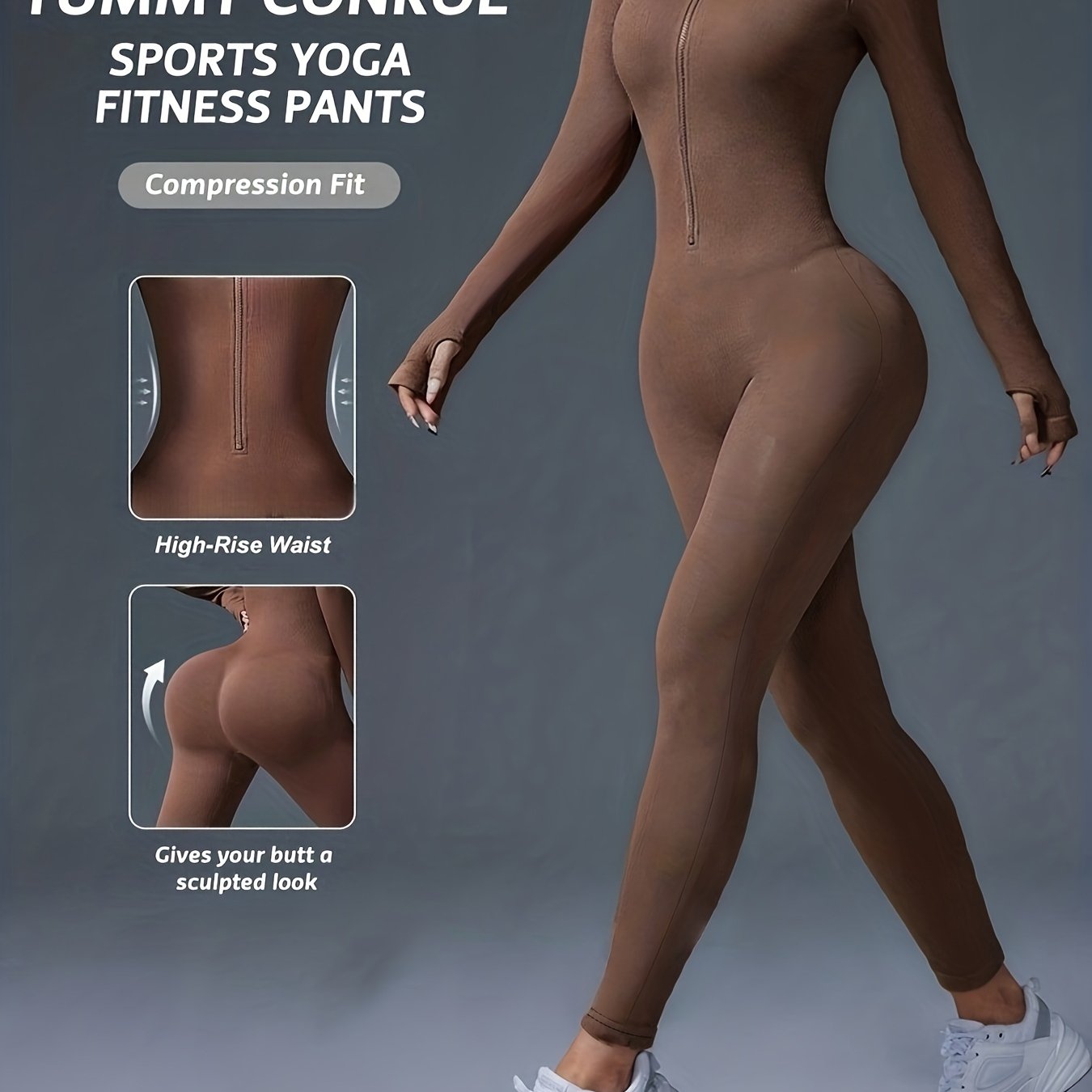 Women's Full-Length Zipper Jumpsuit - Full-Body Compression-like Fit (Tummy Control) - High-Elasticity Slim-Fit Long Sleeve Athleisure Suit for,, Dance - All-Season Outfit ( swear) - Easy-Care (No Bulk) -