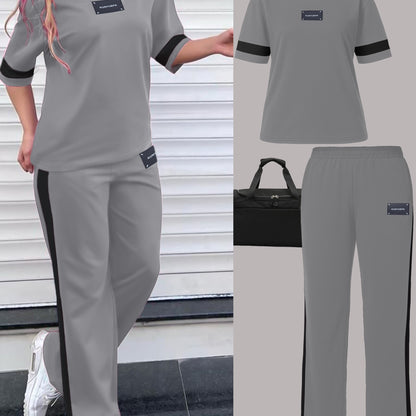 Tendência de moda outono: Conjunto de duas peças para menina composto por t-shirt de manga curta com gola redonda e blocos de cor + calças direitas casuais com cintura elástica e corte largo.