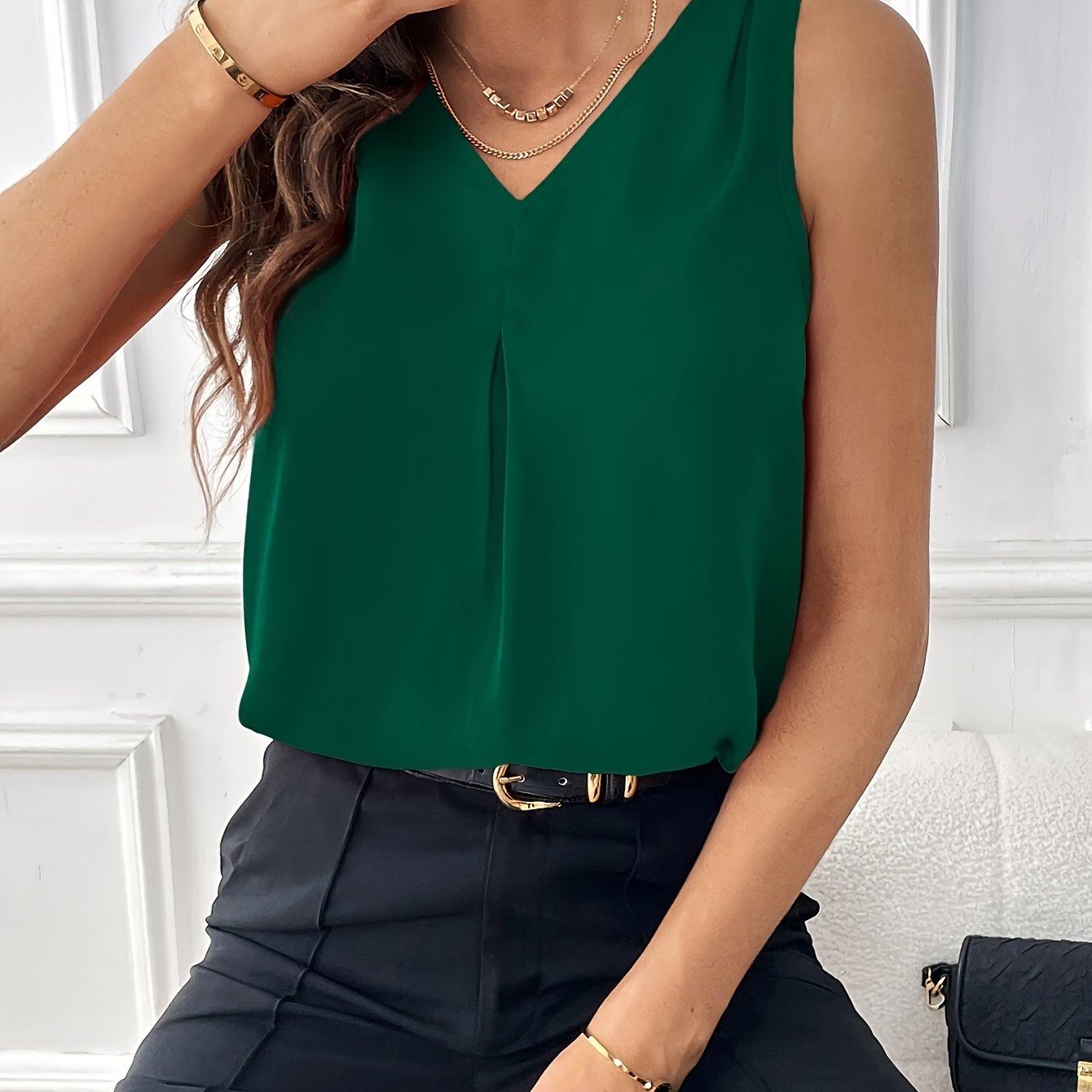 Solid Color V-neck Simple Blouse, Elegant Sleeveless Loose Blouse For Spring & Summer, Women's Clothing