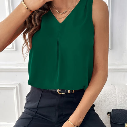 Solid Color V-neck Simple Blouse, Elegant Sleeveless Loose Blouse For Spring & Summer, Women's Clothing
