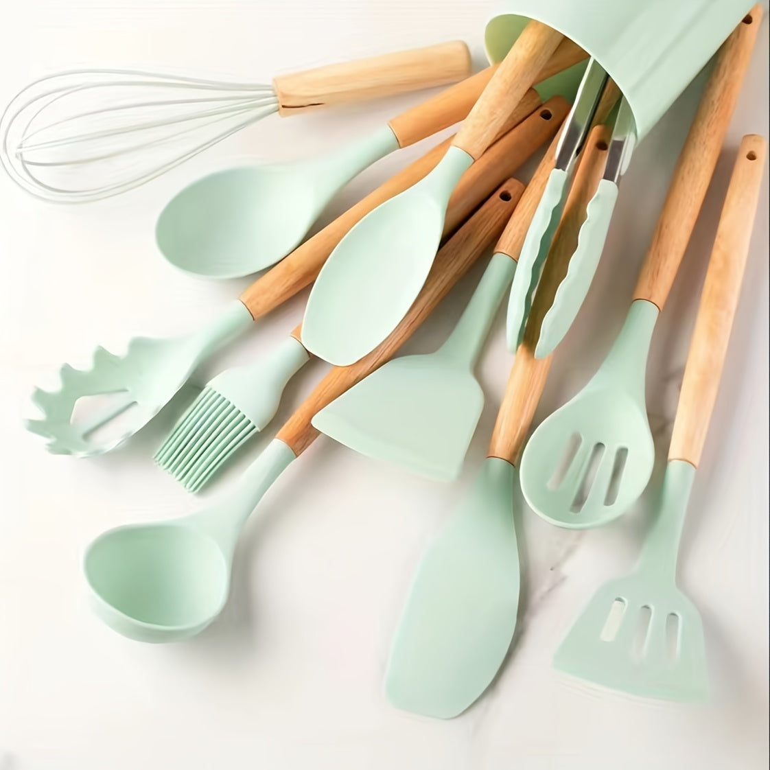 12pcs, Silicone Utensil Set, Khaki Kitchen Utensil Set With Wooden Handle, Safety Cooking Utensils Set, Non-Stick Kitchen Tools Set, Washable Modern Cookware, Kitchen Stuff, Kitchen Gadgets Kitchen Accessories