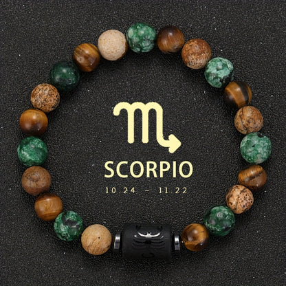 1pc PINAINICE 12 Zodiac Natural Stone Bead Bracelet - Elastic Stretch Fit, Marbled Earthy Tones with Golden Accents, Unisex Astrology Gift for Men & Women, Daily Wear & Special Occasions, Zodiac Bracelet, Casual Jewelry, Zodi