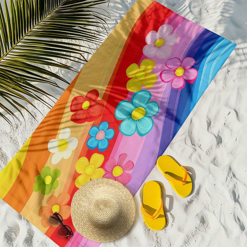 One Extra Large Quick-Dry Beach Towel - Highly Absorbent, Soft, Ideal for Pool, Swimming, Bathing, Traveling & Camping - Floral And Striped Pattern